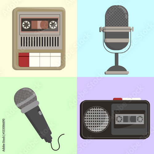 Flat design illustration of vintage recorder devices set elements. Voice recorder, podcast mic, microphone, and tape recorder.