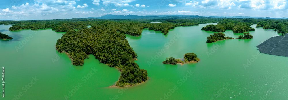 Aerial view of wu-shan-tou reservoir and solar panels floating in the lake