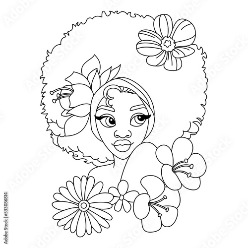 A beautiful black African girl with braids puffs hairstyle with some flowers coloring page outline illustration