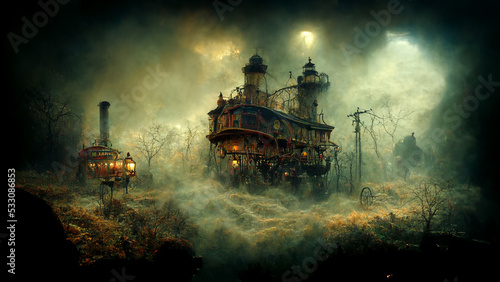 Digital art of a castle in a foggy Halloween night.