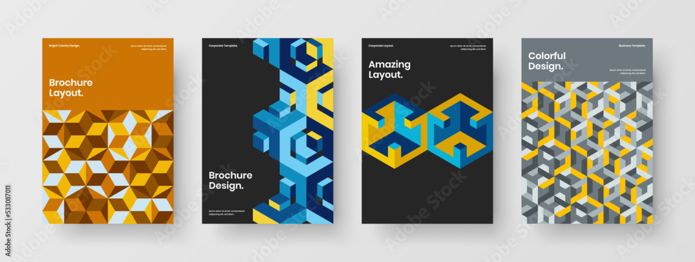 Naklejka premium Unique corporate cover A4 vector design layout bundle. Bright geometric tiles front page template collection.