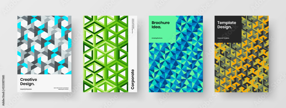 Unique geometric tiles leaflet layout set. Fresh company identity vector design template bundle.