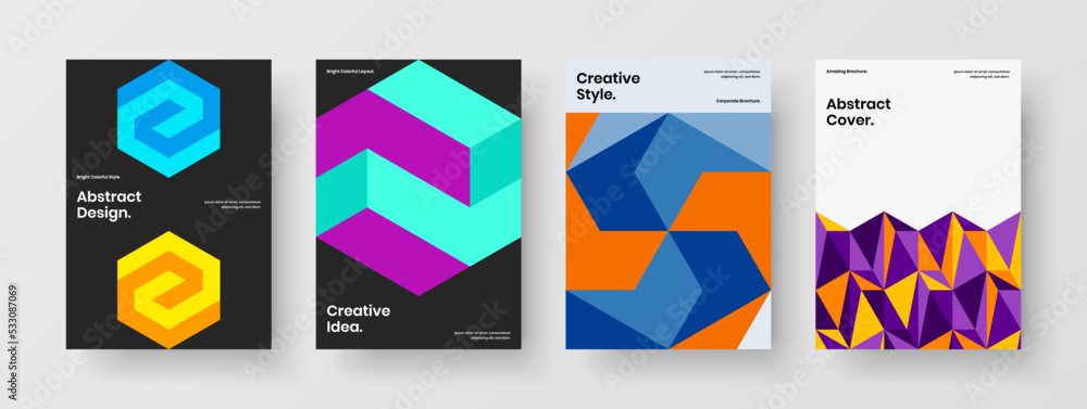 Minimalistic presentation design vector template set. Modern mosaic hexagons booklet layout bundle.
