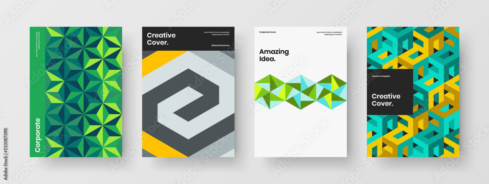 Clean geometric hexagons leaflet concept set. Unique flyer design vector template composition. Clean geometric hexagons leaflet concept set. Unique flyer design vector template composition.