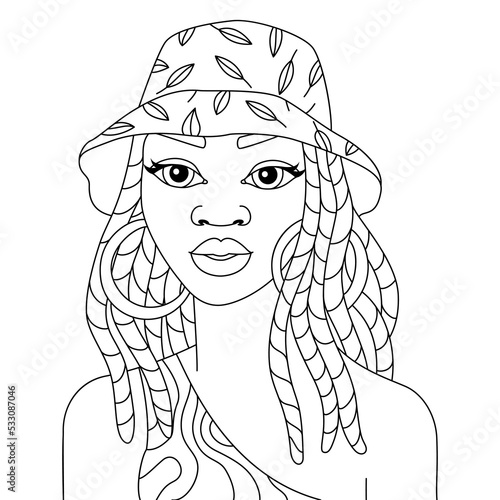 African black woman braids hairstyle with summer cap afro girl vector coloring illustration