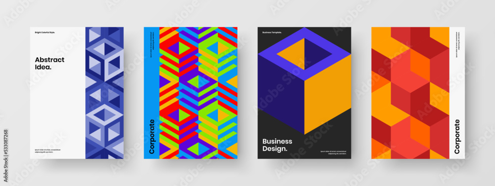 Vivid geometric tiles pamphlet layout bundle. Clean brochure A4 design vector illustration collection.