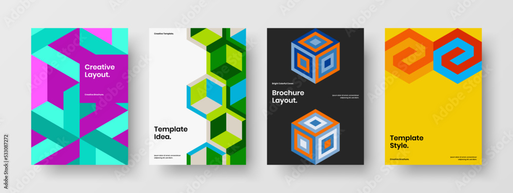 Creative book cover A4 design vector illustration set. Minimalistic mosaic pattern company brochure template composition.