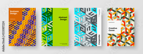 Vivid geometric hexagons flyer template set. Simple corporate identity A4 design vector layout bundle.