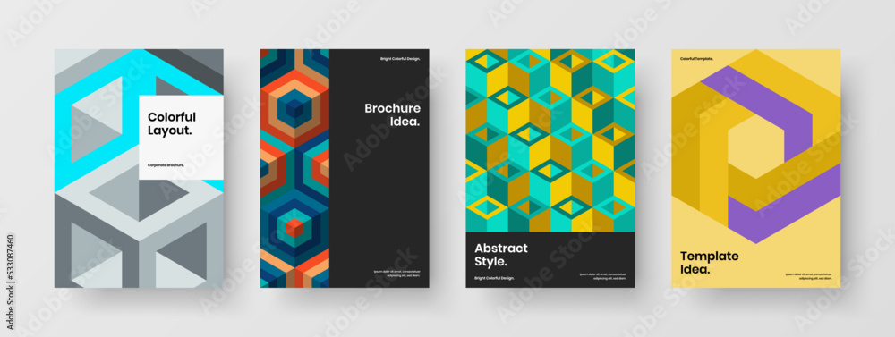 Clean geometric hexagons magazine cover concept composition. Isolated corporate identity design vector layout set.