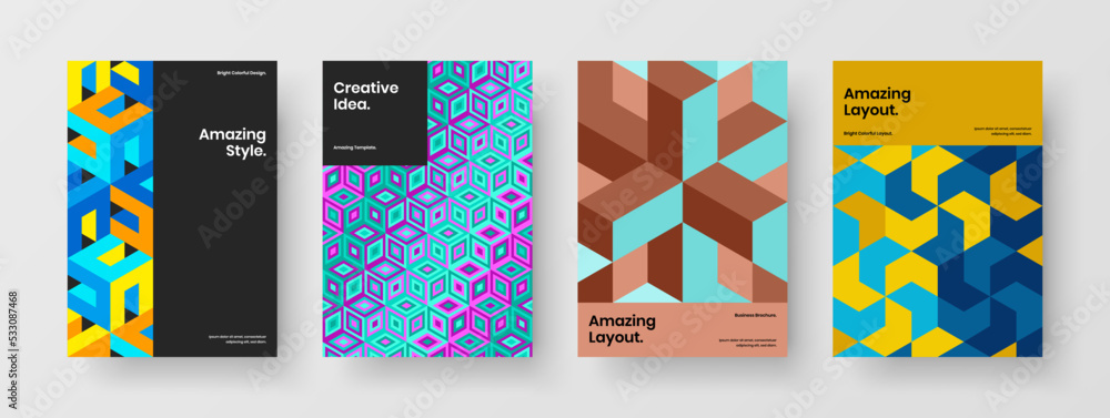 Fototapeta premium Unique pamphlet A4 design vector illustration bundle. Bright mosaic pattern leaflet layout composition.