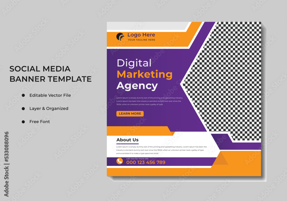 Fototapeta premium Editable Professional digital marketing agency marketing social media post & banner template design Promotion business Corporate business Web ads Banner Stories advertising poster square flyer vector