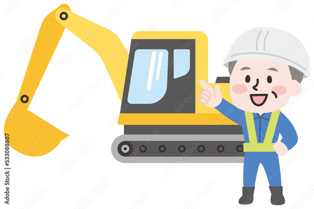 ショベルカーと男性作業員のイラスト 