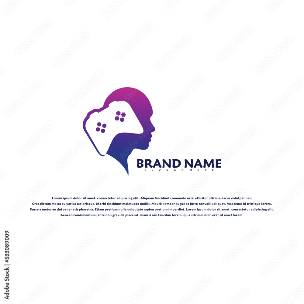 Human head and gaming symbol logo vector illustration with modern concept and simple shape