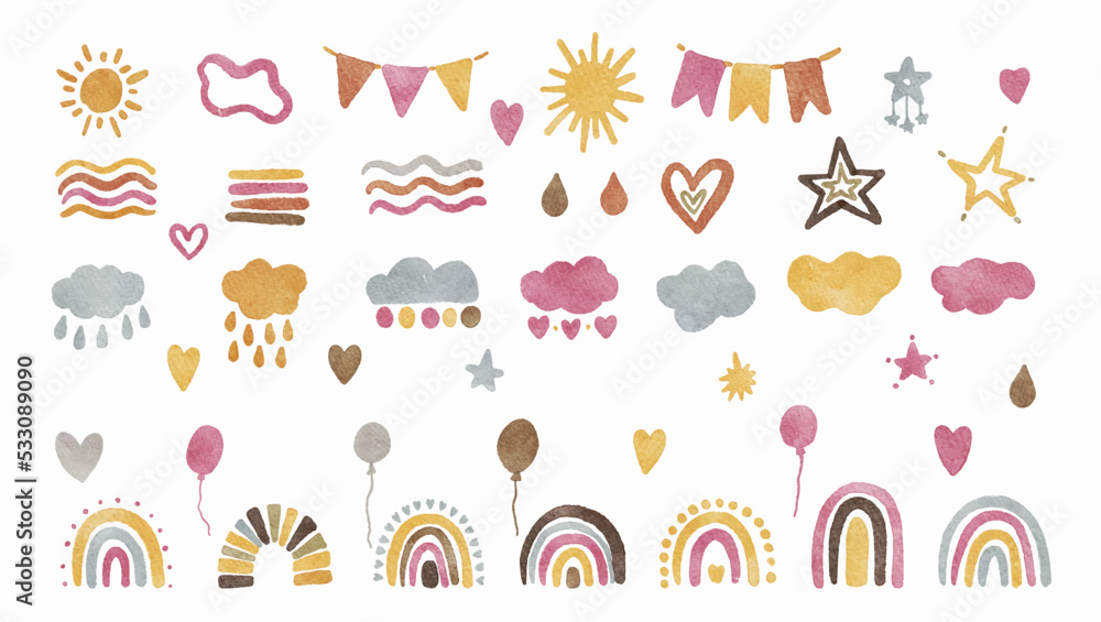 Set of stickers rainbow, heart, star, balloon, cloud watercolor illustration on white background. Set of stickers rainbow, heart, star, balloon, cloud watercolor illustration on white background.
