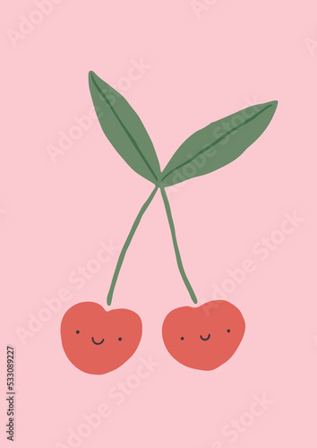 Cute Cheerful Cherries on Pink Background. Simple Hand Drawn Vector Illustration. Design Element for Poster, Card, Invitation, T-shirt Print, Playroom Wall Hanging.