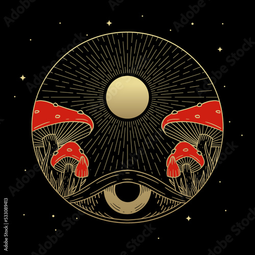 Mushroom, the shining moon and one eye in the dark night