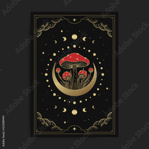 Mushroom growing in the crescent moon with moon phase decoration