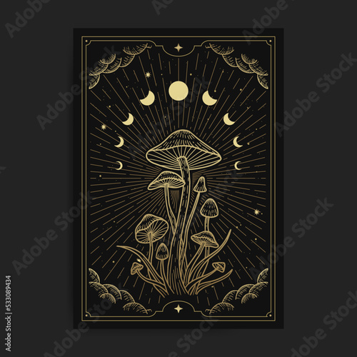 Magical mushroom in the forest bushes in the dark night