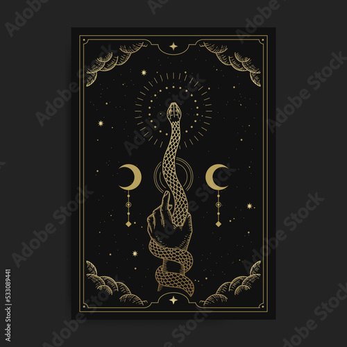 Hand holding magical snake with sacred geometry decoration