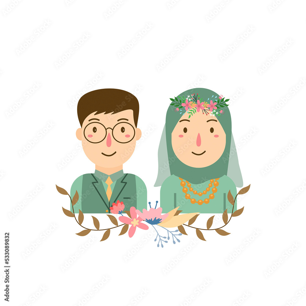 muslim indonesia wedding couple bride groom traditional clothes cartoon vector illustration muslim indonesia wedding couple bride groom traditional clothes cartoon vector illustration