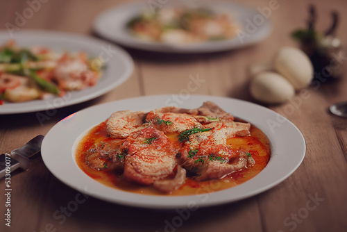 Italian veal in tomato sauce  selective focus  food photography and illustration