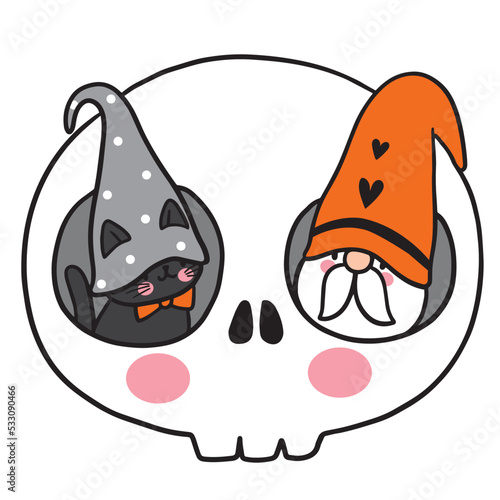 Fotografie Gnome and black cat Halloween, Cute cartoon character vector.