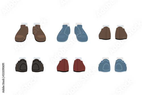 Footwear set. Stylish leather male shoes, back and front view cartoon vector illustration