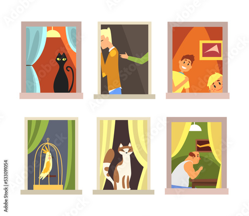 People in windows frames set. Scenes of urban residents spending time at home cartoon vector illustration