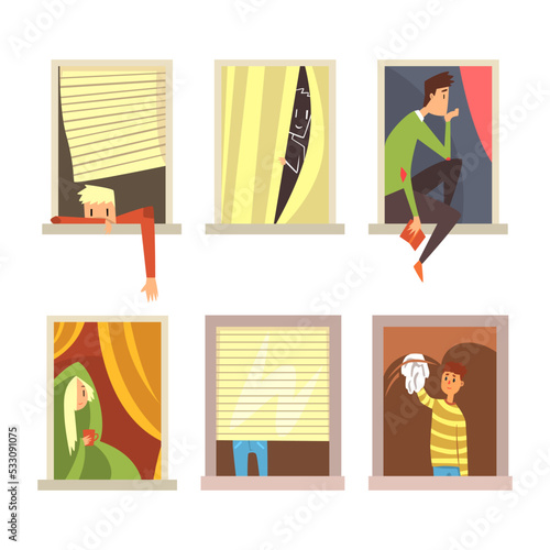 People in windows frames set. Urban residents spending time at home cartoon vector illustration