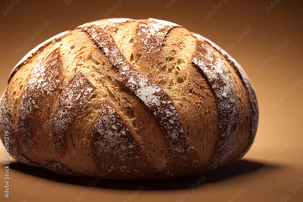 Baked loaf of rustic wheat sourdough bread, food photography and illustration Baked loaf of rustic wheat sourdough bread, food photography and illustration