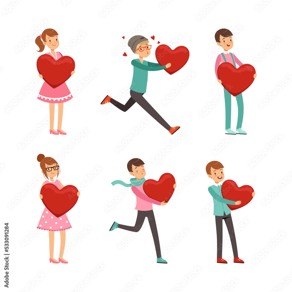Cute Teen Boys And Girls Holding Red Hearts Set Teenagers Giving And cute-teen-boys-and-girls-holding-red-hearts-set-teenagers-giving-and