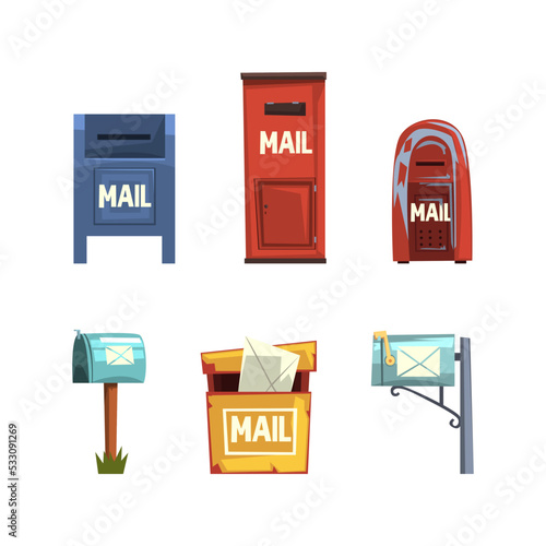 Set of outdoor mail boxes, or vintage post box cartoon vector illustration