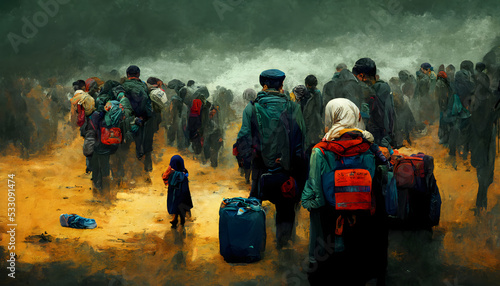 Obraz na plátně crowd of people with bags and backpacks walking - refugee crisis concept, neural
