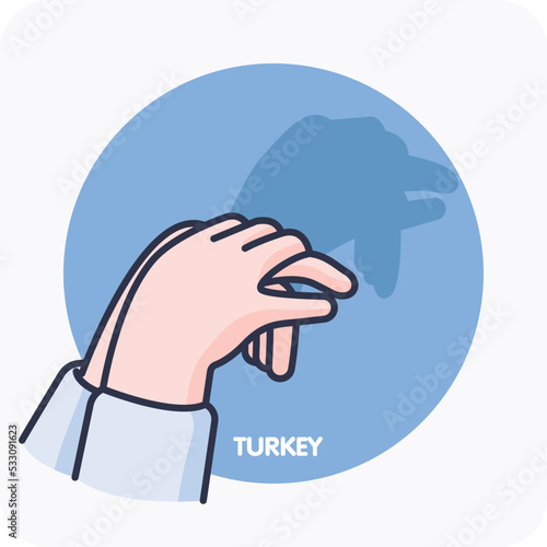 Turkey in hand shadow art, Hand-shadow artwork featuring silhouettes of turkey, vector design, isolated background.