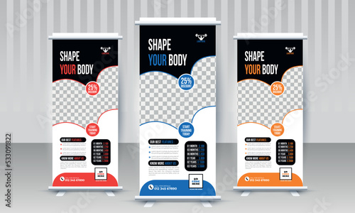 Shape your body strong Fitness gym business standee x rollup banner design with three color variants red blue orange vector template