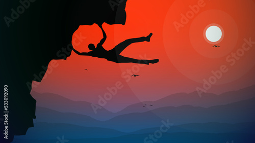 Rock climber. climber on a cliff with mountains as a background. Mountain climber walpaper for desktop. Silhouette of a rock climber.Extreme rock climber background.
