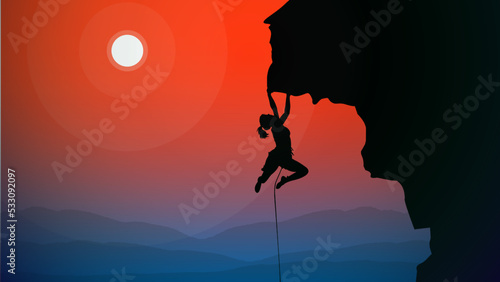 climber on a cliff with mountains as a background. Mountain climber walpaper for desktop. Silhouette of a rock climber.Extreme rock climber background. Rock climber.