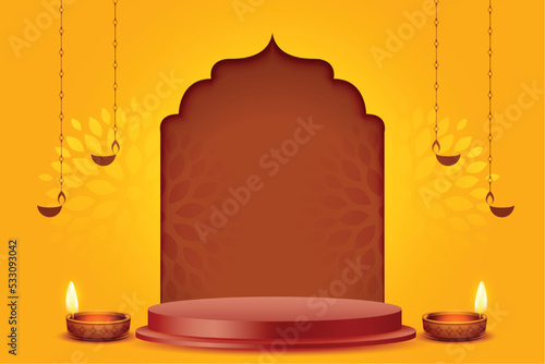 diwali banner with diya and 3d podium for product display