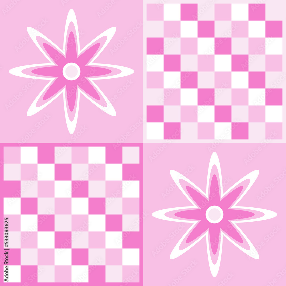 Flowers and chessboard pattern in pink and white. Template for fabric ...