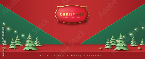 Merry Christmas banner studio table room product display with copy space and christmas tree paper cut style