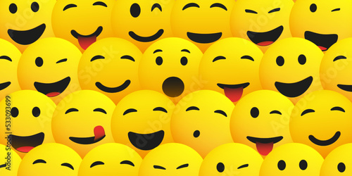 Pattern Background of Dense Crowd of Yellow Emoticons with Various Facial Expressions - Many Winking, Smiling, Laughing, Cheering Happy Positive Emoji - Party People Symbols Texture, Vector Design