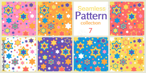 Set of 7 seamless patterns with star of David in bright colours Vector illustration for Hanukkah holiday, wrapping paper, textile, fabric and packaging decoration