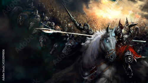 The Scandinavian wild hunt with God Odin at the head, an army of ghost riders galloping behind him, they are illuminated by the sacred light of Valhalla. Digital drawing style, 2D illustration