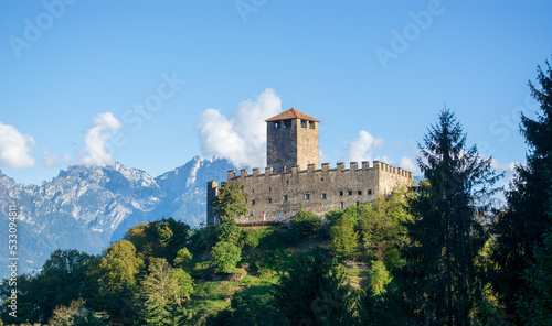 the castle of Zumelle with the Venetian Dolomites in the background