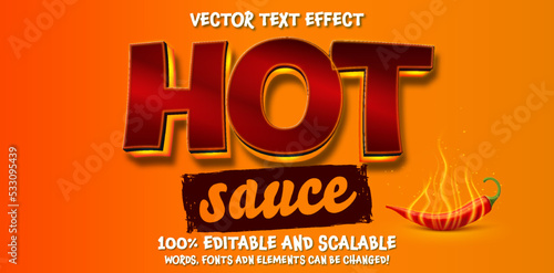 Hot sauce pepper text effect, editable Mexican food fire text style on orange background, vector editable font for graphic tee, banner, poster, post, social media or logo