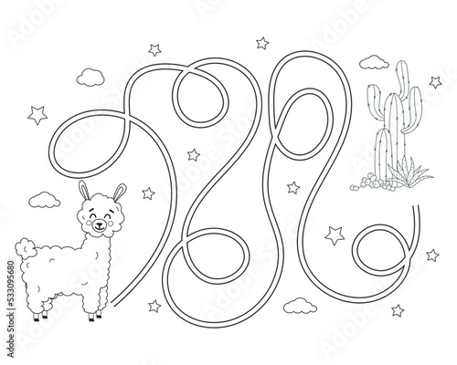 Maze game for preschool children. Puzzle with tangled road. Outline coloring page for kids book. Cute alpaca with cacti. Vector illustration.
