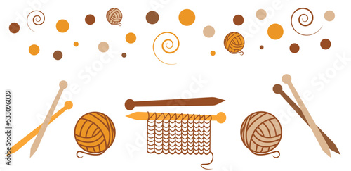 Set with knitting elements orange and brown cosy yarn, knitting needles. Vector illustration on white background