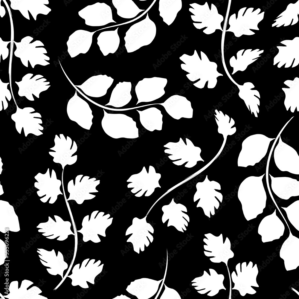 Fototapeta premium vintage tropical foliage seamless background with plants leaves on black background. botanical background. tropical background. Exotic tropic. interior wallpaper. spring. autumn pattern. fall. nature