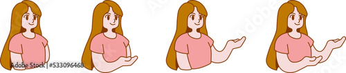 Vector minimalistic illustration, friendly young woman is presenting or guide gesture, smiling confidently