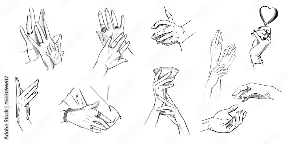 pencil sketches set of hand gestures of different gender